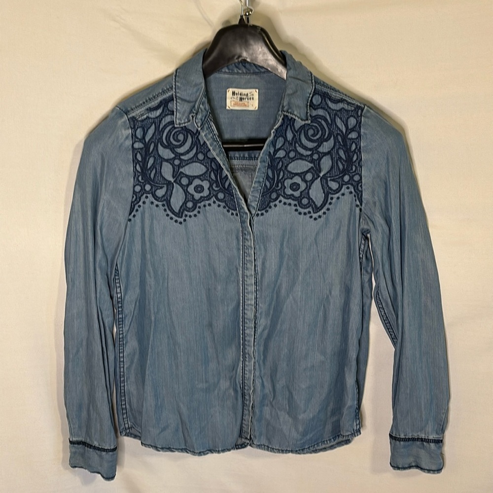 HOLDING HORSES Blue Embroidered Blouse